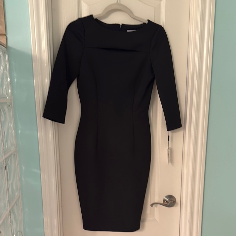 Calvin Klein Black Sheath Dress with Square Neck 3/4 Sleeves